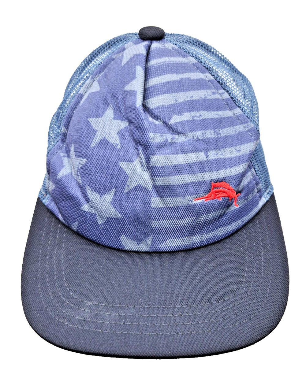 Tommy Bahama Trucker Hat S/M Blue USA Flag Marlin Mesh Snapback Patriotic Cap